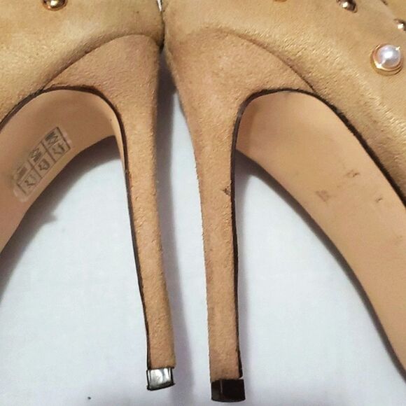 ShuShop Boho Neutral Pearl Beaded Open Toe Funky High Heel Booties Party - Picture 6 of 9